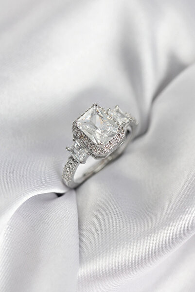 ARMÜZ Silver Color Square Baguette Zircon Stone Single Stone Model Women's Ring
