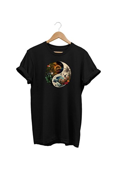 ZOKAWEAR تي شيرت أسود مطبوع عليه منظر طبيعي