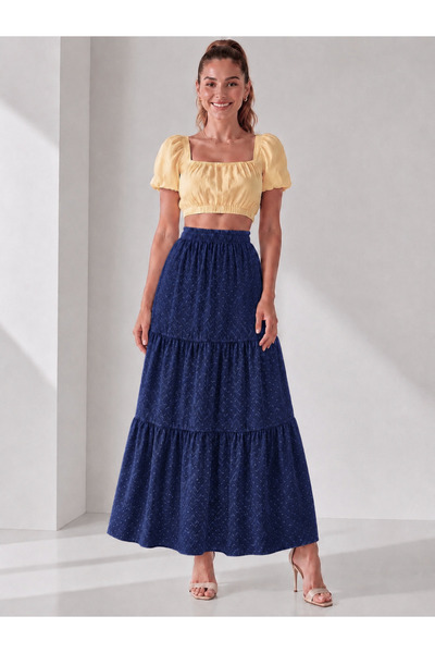 Kahra Collection Σκούρο μπλε ναυτικό μοτίβο, μακριά φούστα από σιφόν με επένδυση