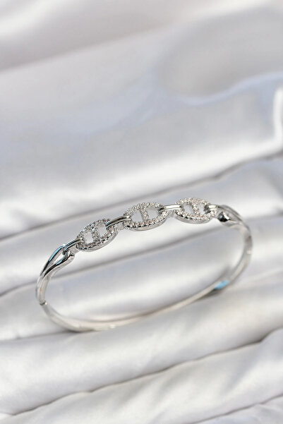 ARMÜZ Silver Color Ship Chain Model Zircon Stone Women's Handcuff Bracelet