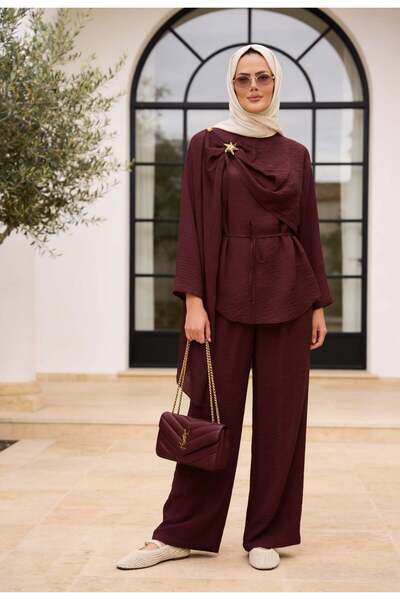 Aselim Hijap Moda Denim Suit with Marine Brooch Detail and Lined Trousers