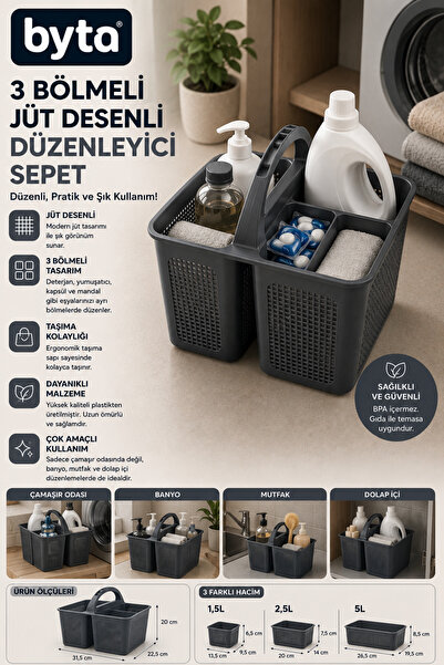 buççin online mağaza 3 Bölmeli Jüt Desenli Çok Amaçlı Düzenleyici Sepet – Taş...