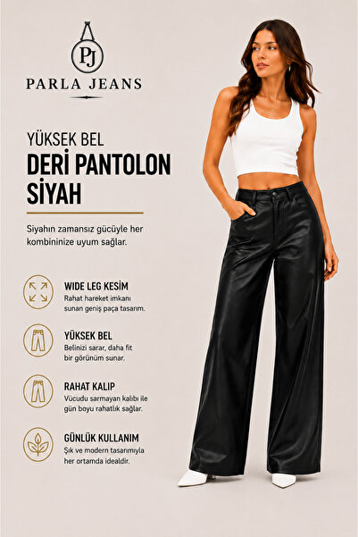 Parla Jeans Women's Black High Waist Wide Leg Comfortable Fit Wide Leg Leathe...