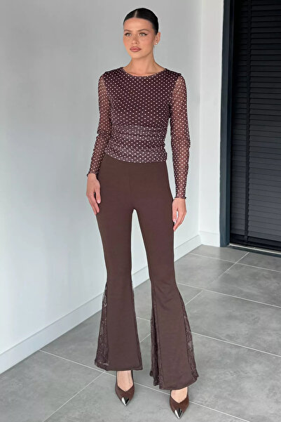 Aryena Brown Women's Lace Lycra Flared Pants