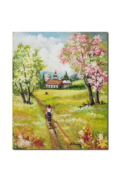 artnova Tablou peisaj copaci infloriti pictat manual, O zi minunata, 50x40cm ...