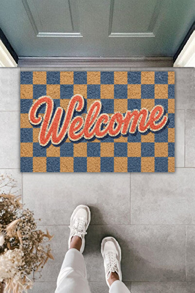 Dormot Dekoratif Dijital Baskılı Mavi Welcome Kapı Önü Paspası | Retro Dama D...