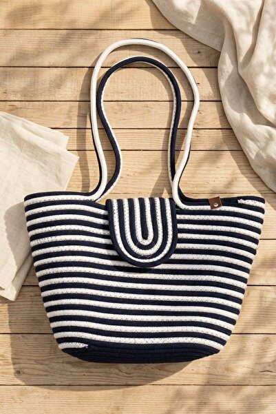 I Love Shoes Floria Navy Blue-White Rope Women's Beach Bag