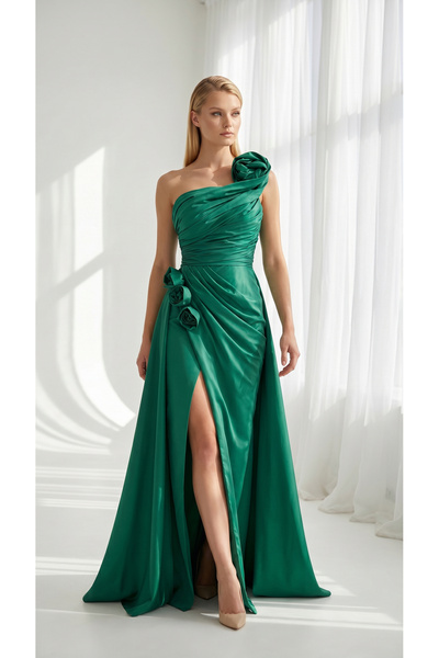 holie dress TEK OMUZ DRAPELİ GÜL DETAYLI YIRTMAÇLI UZUN ABİYE ELBİSE
