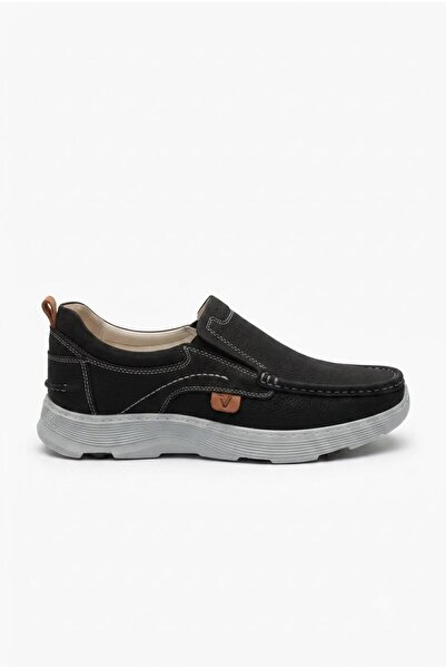 Slope Black Men's Laceless Casual Shoes Inner and Outer Genuine Leather Ortho...