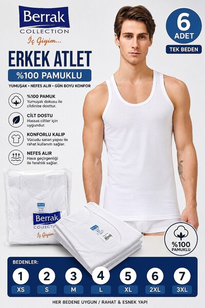 Berrak Erkek Beyaz Atlet %100 Pamuklu 6'lı Avantajlı Paket