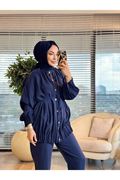 ALANURMODA 20764 Pleated Skirt Collarless Buttoned Suit Navy Blue