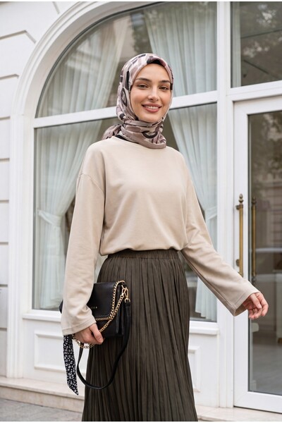 Modamorfo Round Neck Casual Combed Cotton Blouse - Stone Color