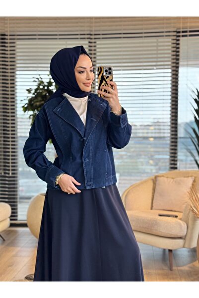 ALANURMODA 7440 Denim Front Piece Detailed Collarless Jacket Navy Blue