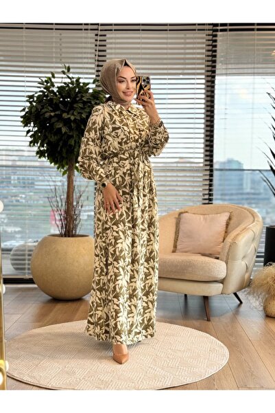 Taşpınar 25609 Leila Patterned Dress Khaki