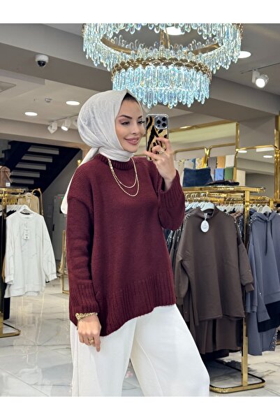 ALANURMODA 2572 سترة تريكو برقبة دائرية باللون الأحمر الداكن