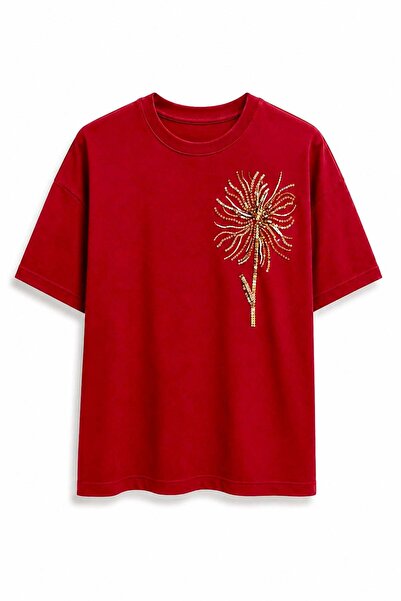 elif teke New Beaded Sequined T-Shirt Red