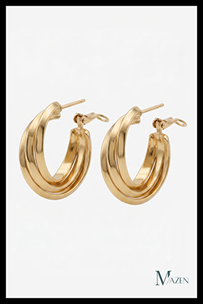 MAZEN Gold Color Three Stripes Transitional Oval Hoop Earrings Thick Metal Wo...