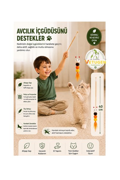 demapet 40 cm Wooden Handle, Cute Caterpillar Cat Fishing Rod with Bell