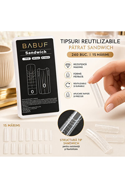 BABUF Tipsuri reutilizabile Pătrat Sandwich BABUF, gel/polygel, 240 buc., 15 mărimi