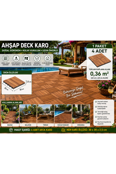 Altınkayaticaret 4'lü Ahşap Deck Karo Yer Kaplama Karosu 30x30 cm Bahçe Balko...