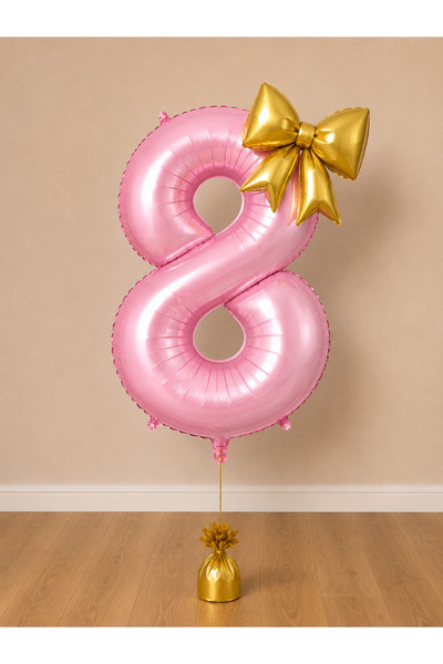 Balonsan -8- Age Pink Number Gold Bow Foil Balloon Set