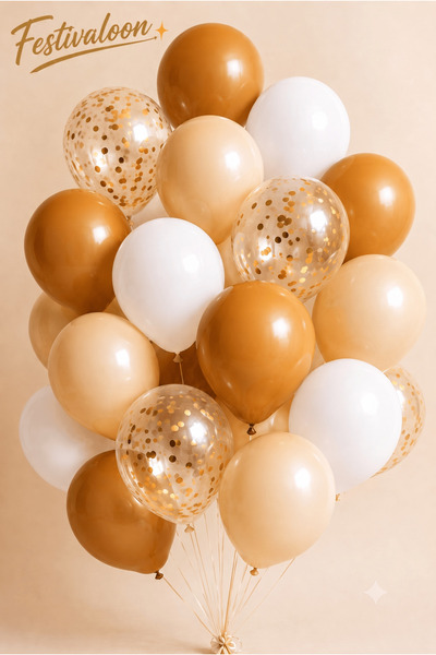 FESTİVALOON Karamel Deniz Kumu Beyaz Gold Konfetili Balon Seti 20’li 11 İnç D...