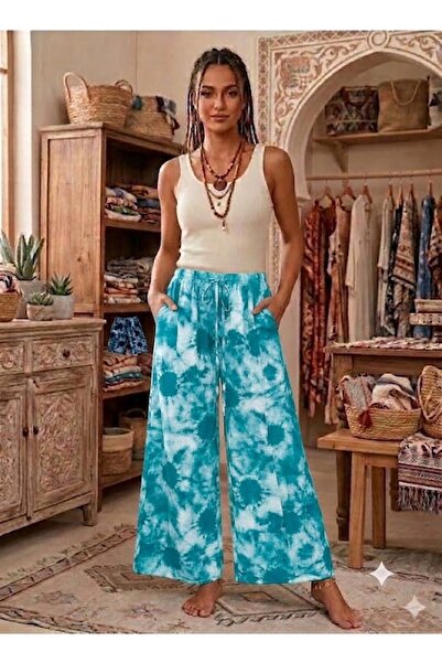 AYASOFYA OTANTIK Women's Multi-Colored Wide-Legged 100% Viscose Trousers with...