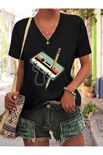 Deocept Women's Mix Printed V-Neck Sleeved Regular Fit Comfortable T-Shirt
