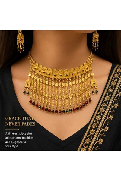 FASHION Gold-Plated Floral Statement Necklace Set with Matching Earrings