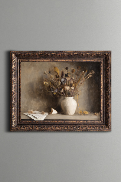 epiqart Vintage Vase and Dried Flowers - Vintage Patterned Painting - Thick M...