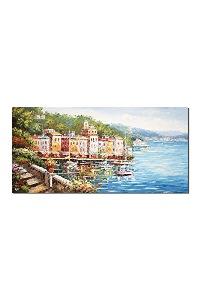 artnova Tablou gigant peisaj lacul Como pictat manual, 140x70cm ulei pe panza...