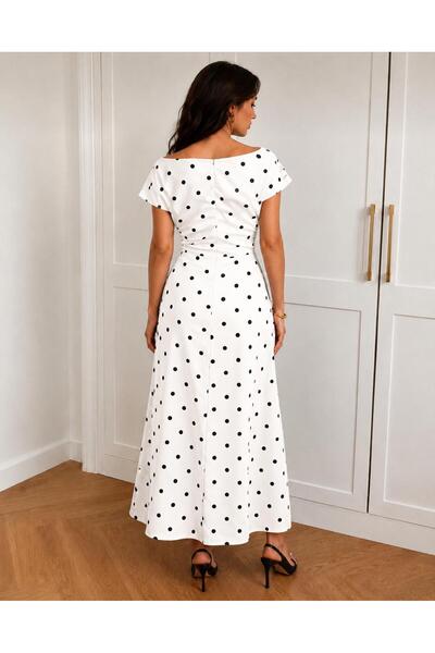 Raben Women's Polka Dot Patterned Boat Neck Draped Dress