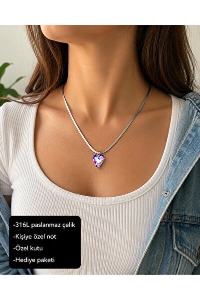 HER ŞEY NOTA www.herseynota.com 316L Stainless Steel Purple Heart Stone Women...
