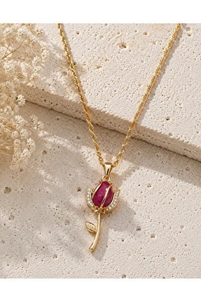PELKAN ATELİER Gold Ruby Color Stone Rose Figured Necklace – Twisted Chain | ...