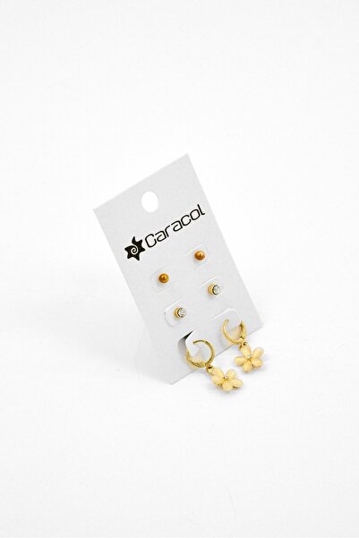 Caracol Women 3 Pair Stainless Steel Fashionable Stud Earrings, Gold
