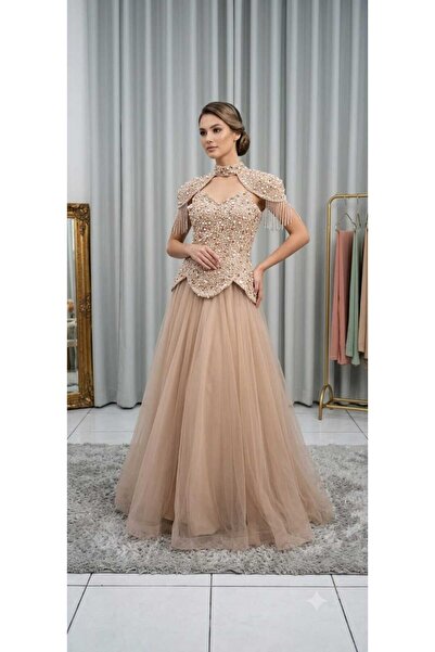 SERA Beige Embroidered Evening Dress with Tulle Skirt and Luxury Capelet