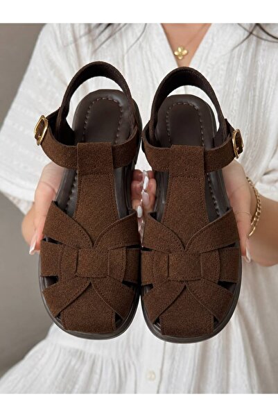 PLN SHOES Women's Bitter Brown Knitted Patterned Comfortable Sole Cage Sandals