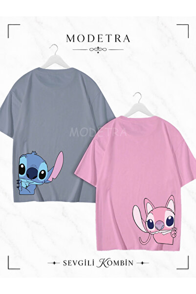 Modetra تي شيرت ملون كبير الحجم للنساء والرجال من Lilo Angel Stitch مطبوع على...