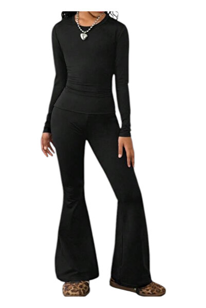 OEM Set pentru fete, negru, top mulat si pantaloni evazati, 8 ani