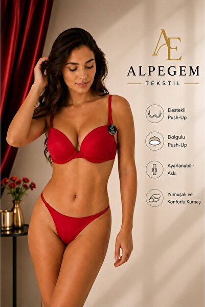 Alpegem Tekstil ALPEGEM Kırmızı Dolgulu Destekli Push Up Sütyen Tanga Takım
