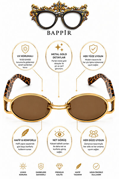 BAPPİR Uv Protected Black Frame Oval Metal Frame Women's Sunglasses with Leop...