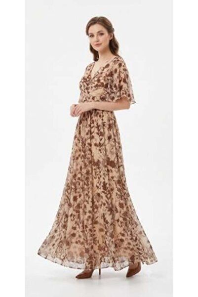 unbranded Women's Beige Floral Chiffon Maxi Dress with V-Neck and Flutter Sle...