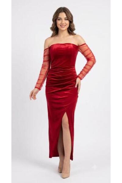 unbranded Red velvet dress featuring sheer chiffon off-shoulder sleeves and a...