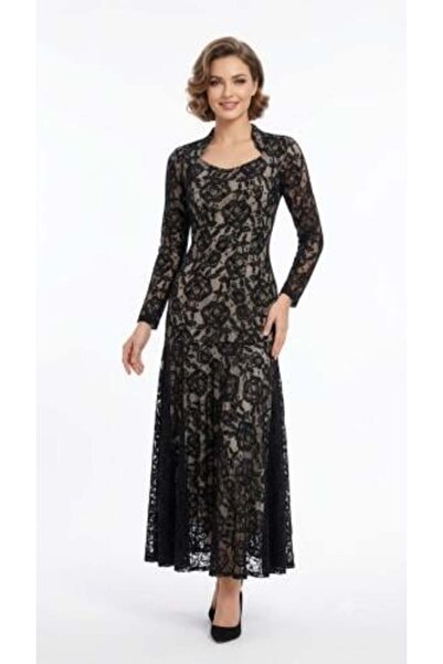 unbranded Women's Black Floral Lace Midi Evening Dress with Long Sleeves – El...