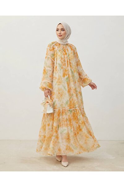 ankanoor Guipure Detailed Floral Patterned Yoryo Chiffon Dress Anka261030