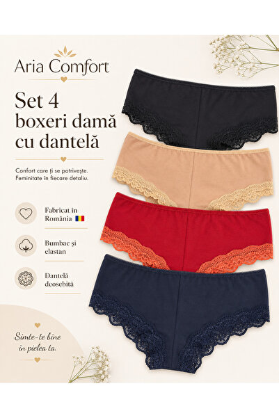 Aria Comfort Σετ 4 τεμαχίων γυναικεία μποξεράκια με δαντέλα – Βαμβακερά, (Μαύ...