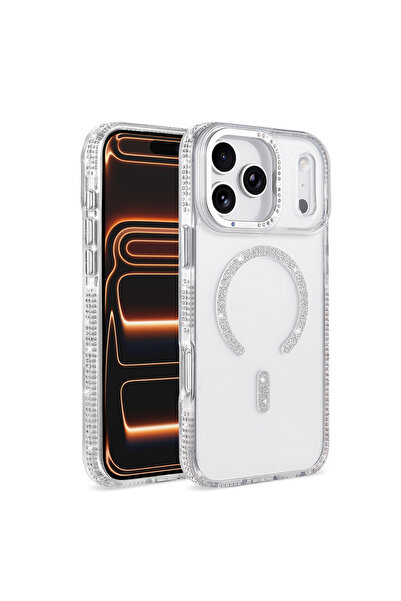 zore iPhone 17 Pro Max Kılıf Taşlı Simli MagSafe Kamera Yükseltili Silikon ERN