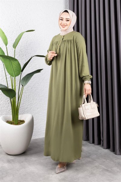 Mestore Half Buttoned Viscose Dress Khaki