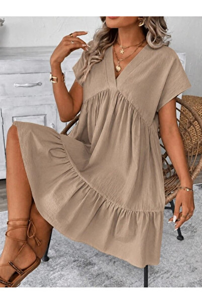 Beruflic Women's Short Sleeve V-Neck Ruffle Short Dress
