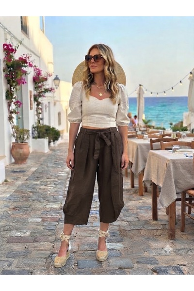 AYASOFYA OTANTIK Women's Italian Brown 100% Linen Capri Trousers with Elastic...
